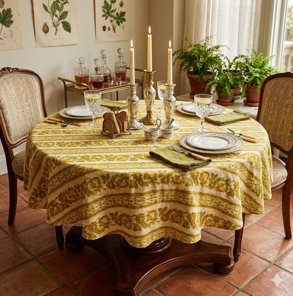 Vintage 1960s round tablecloth 69" Heavy floral brocade gold tones with stripes